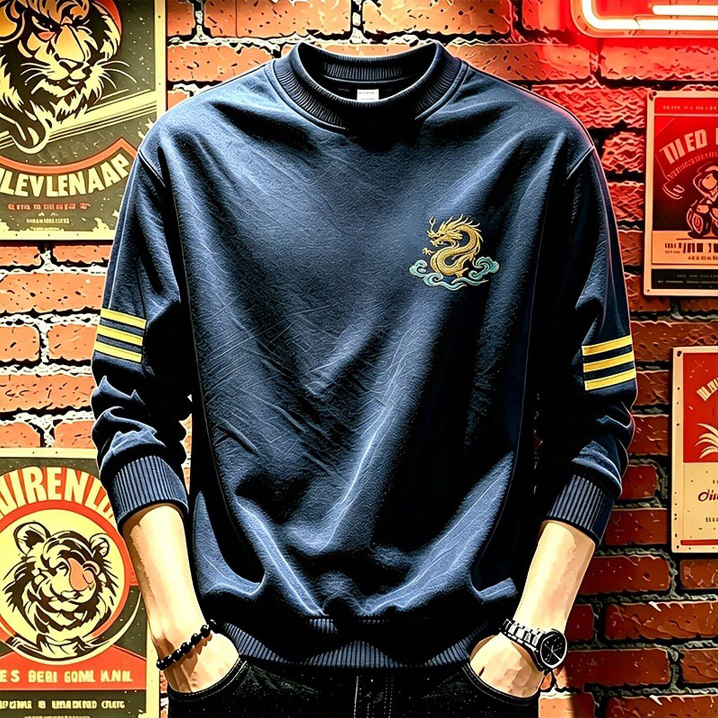 罗鸣老人品牌男装秋冬季男士祥云印花圆领长袖卫衣棉时尚休闲Ta7