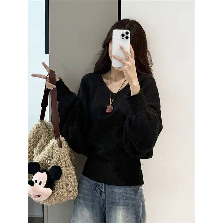 大码胖mm韩系慵懒风V领蝙蝠袖针织衫女秋季绑带收腰显瘦毛衣上衣