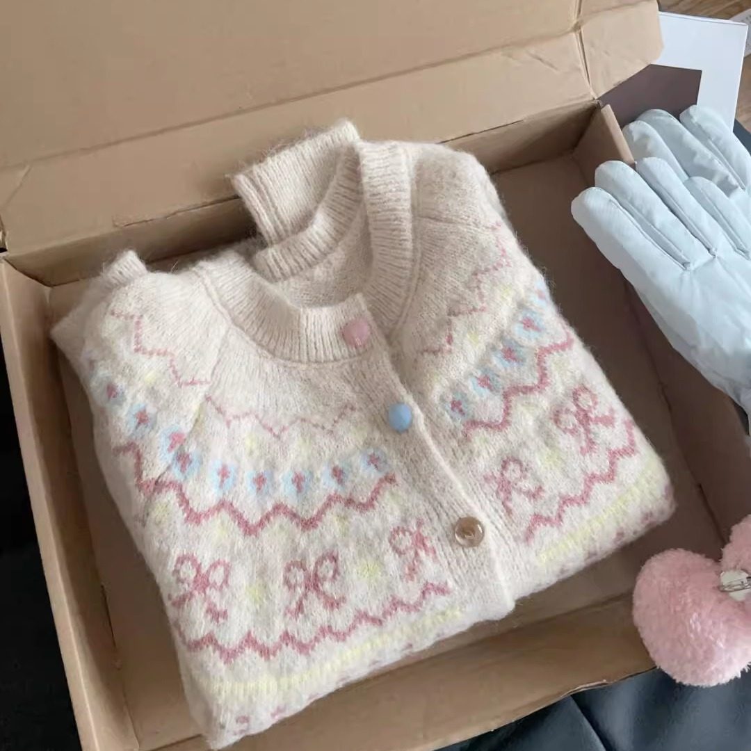 韩版撞色提花针织开衫女宽松短款慵懒风外搭上衣秋冬新款毛衣外套