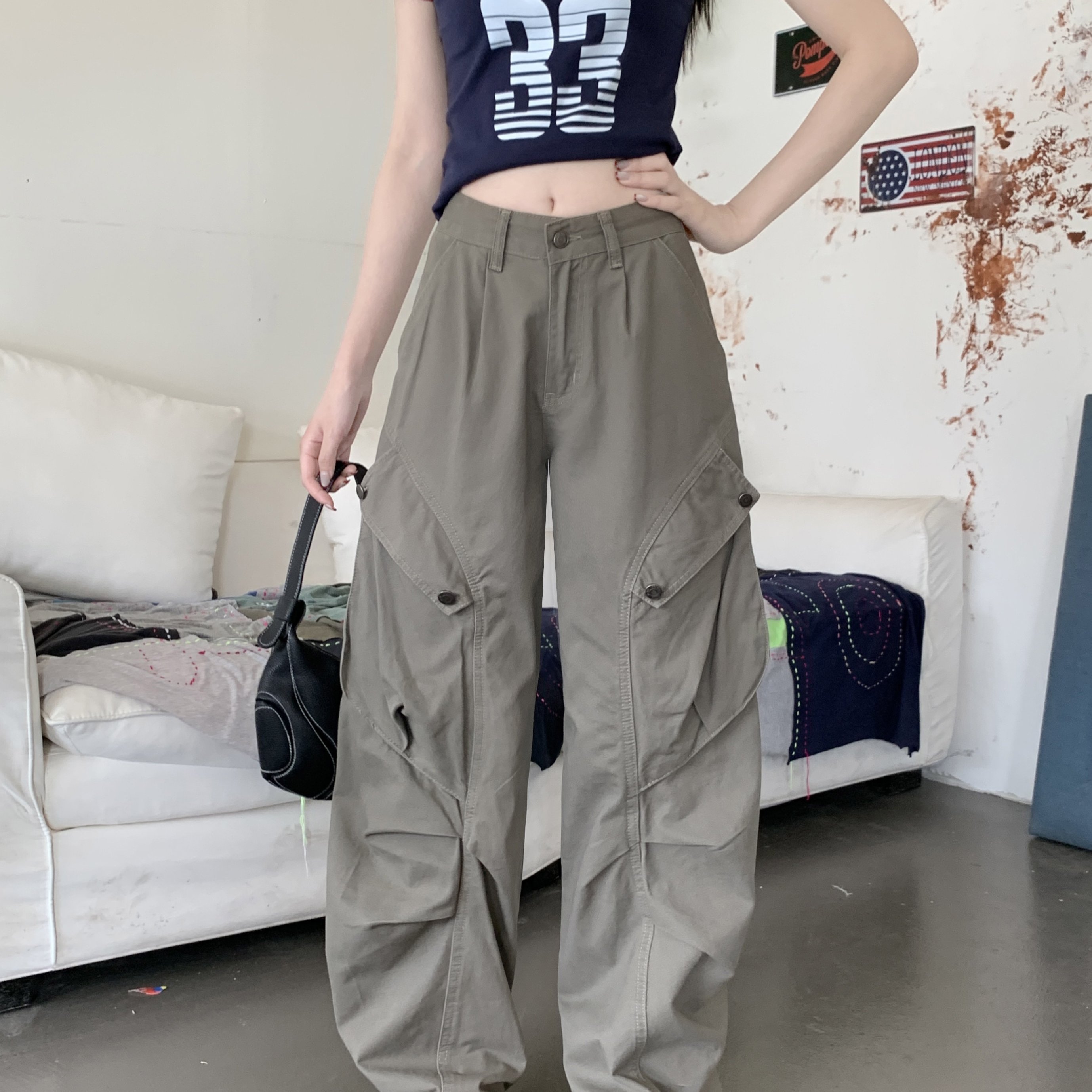 灰绿色高街嘻哈潮牌工装牛仔裤女夏季美式复古宽松拖地休闲裤子