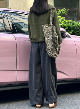 灰色直筒加绒毛呢裤大码女装秋冬胖妹妹宽松显瘦阔腿弯刀休闲裤子