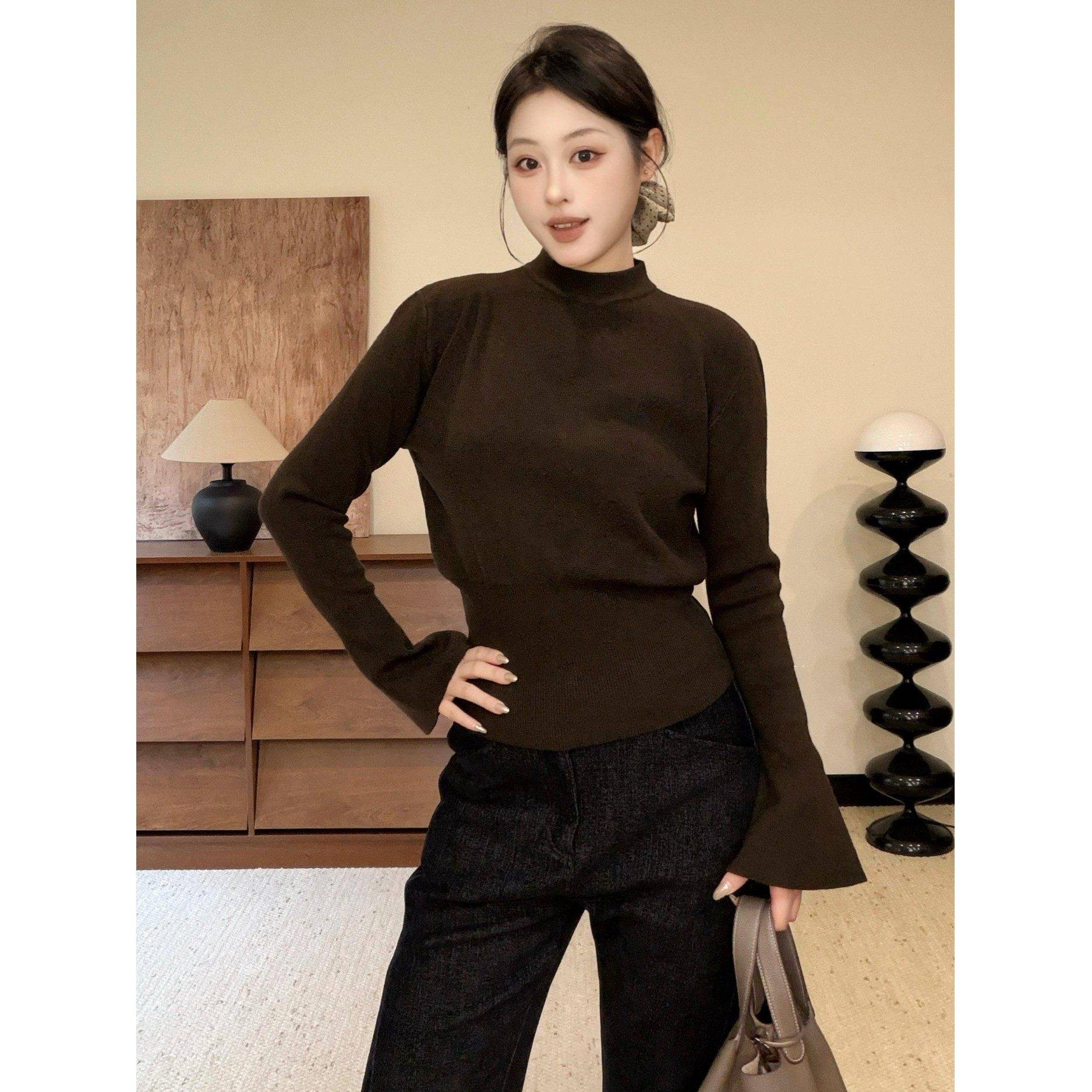 韩系chic灰色半高领套头毛衣女秋冬高级感气质收腰显瘦喇叭袖上衣,女装/女士精品,毛针织衫,淘宝优惠券,粉丝福利购,淘宝优惠卷