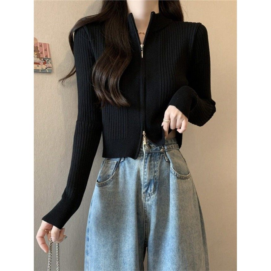 半高领双拉链针织开衫女秋冬短款潮汕毛衣外套高级感长袖修身上衣,女装/女士精品,毛针织衫,淘宝优惠券,粉丝福利购,淘宝优惠卷