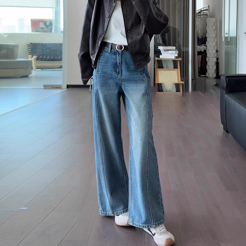 复古水洗窄版阔腿牛仔裤