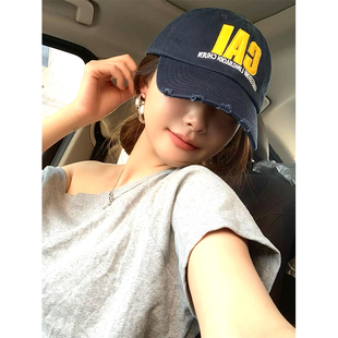 ju帅的美式破洞字母刺绣棒球帽子女夏显脸小大头围情侣遮阳鸭舌帽