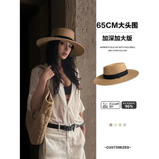 手工钩织大头围草帽法式编织镂空平顶老钱风礼帽高级感轻奢大码