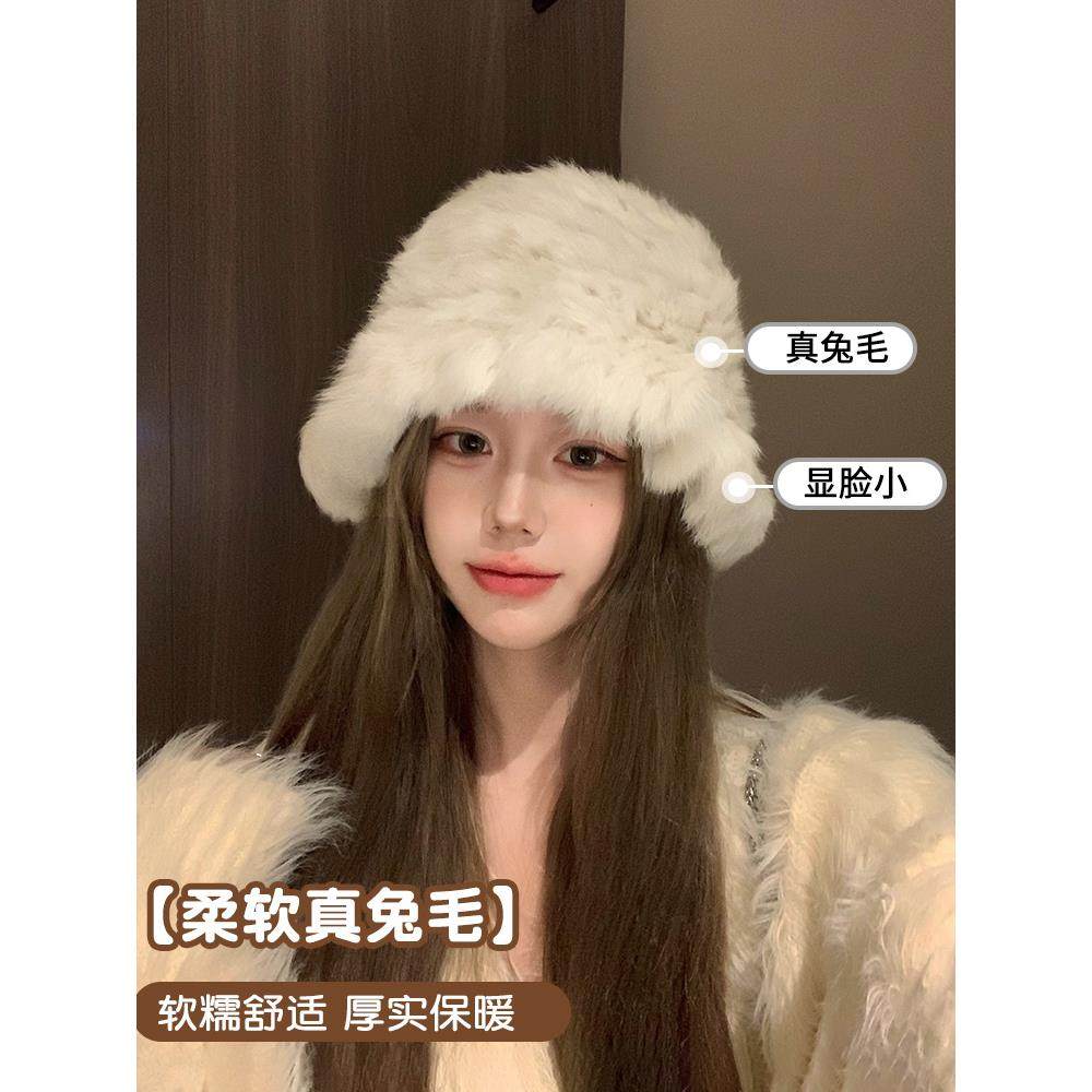 白色兔毛帽子女2026新款冬季保暖护耳针织毛线帽大头围毛绒渔夫帽图片