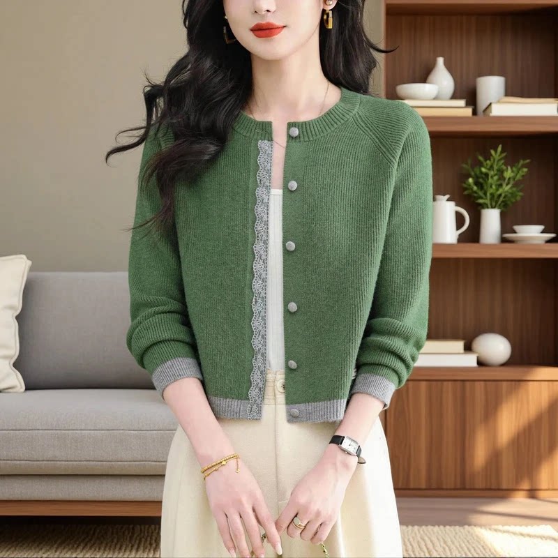 颐然家女士100羊毛衫圆领2026春秋新款针织开衫短款毛衣妈妈外a52