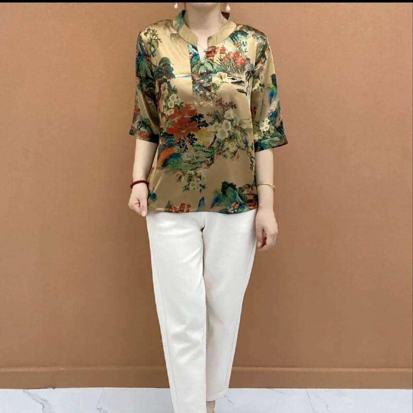 云佳女装民族风彷真丝短袖小衫夏季女士款洋派中袖T恤中老年上a9