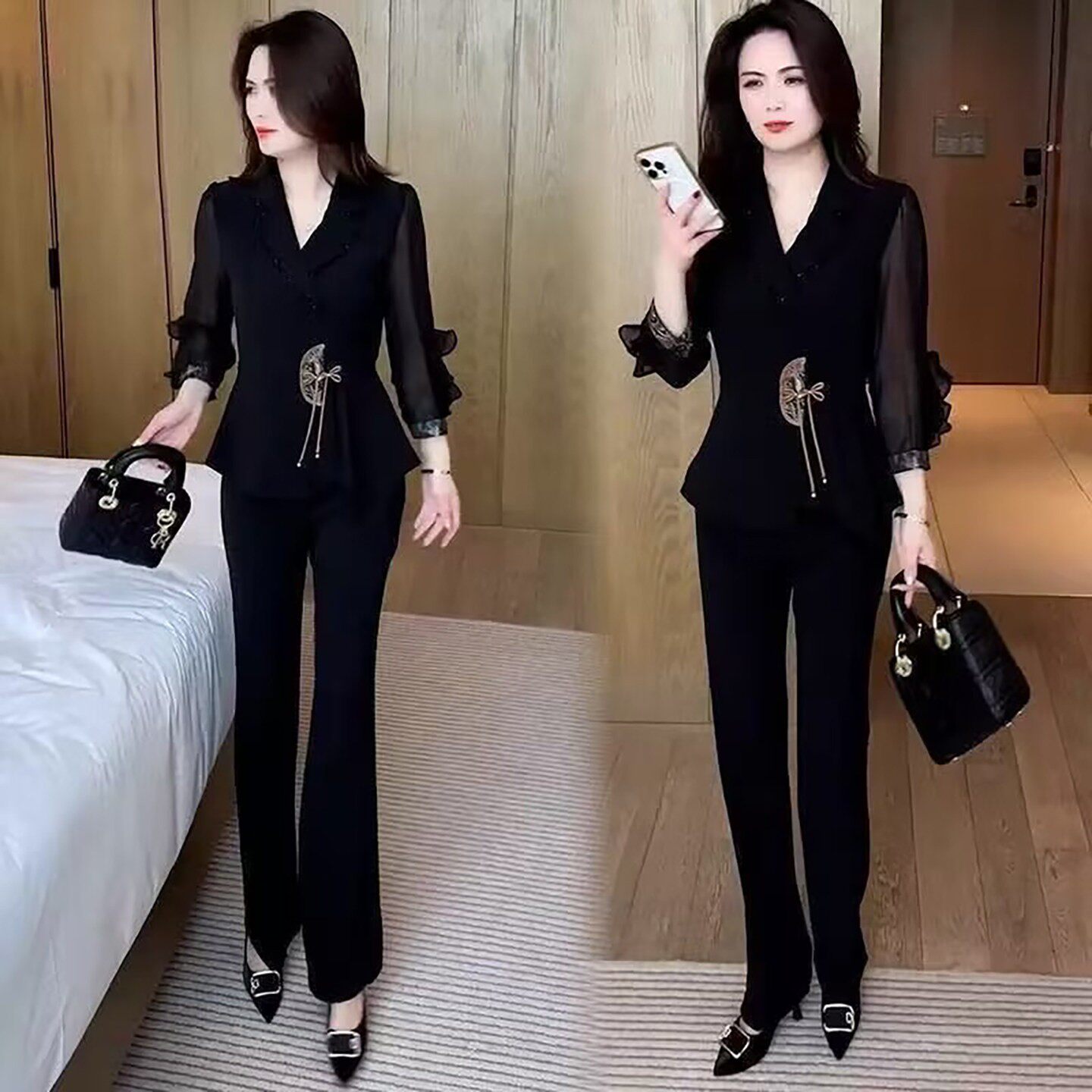 辉冕女装新中式国风套装2026新款春秋女士气质减龄收腰盘扣两件a4