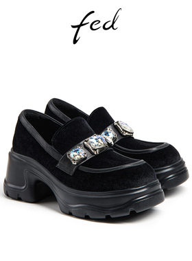 fed黑色粗跟乐福鞋女秋季新款女鞋松糕底深口单鞋女款DVG083