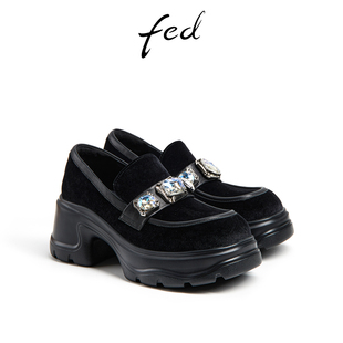 女秋季 女款 新款 松糕底深口单鞋 DVG083 女鞋 fed黑色粗跟乐福鞋