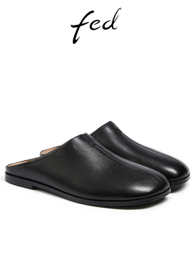 fed真皮包头凉拖鞋夏季新款女鞋穆勒鞋黑色平底拖鞋女DKS581
