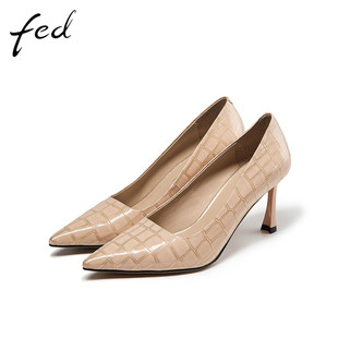 FED全皮女鞋秋季百搭尖头浅口细跟单鞋女真皮时尚高跟鞋CGD330