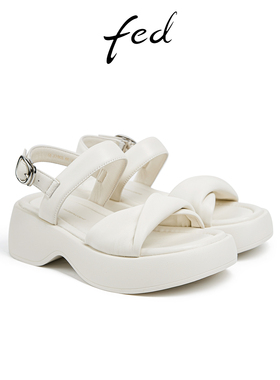 fed白色增高皮凉鞋夏季新款女鞋法式粗跟罗马凉鞋女DFG651
