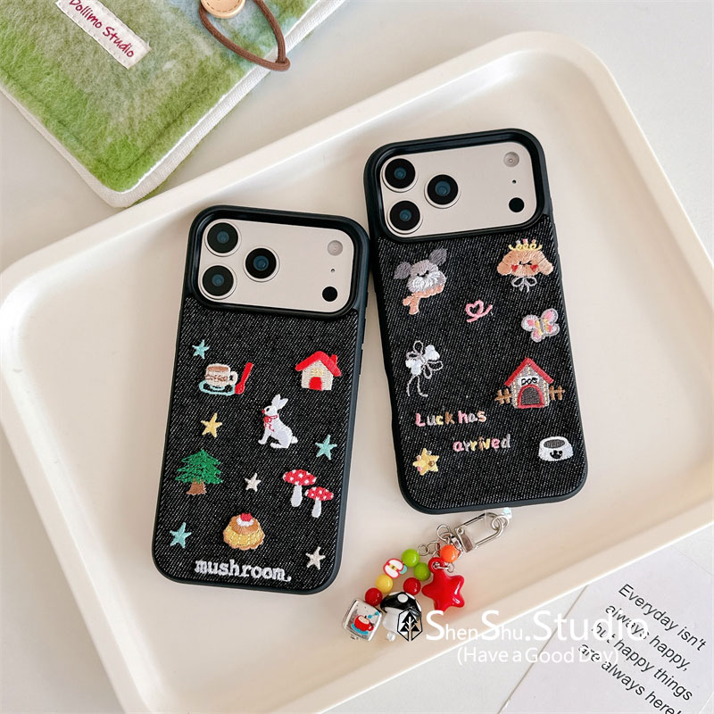 绅树 时髦ins牛仔刺绣卡通狗狗房子适用苹果16promax手机壳iphone13新款15女14pro带挂件17pro全包防摔手机套