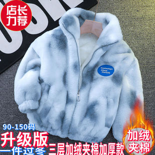 安阳童装男女童加绒加厚外套秋冬季新款仿皮草毛毛衣连帽棉服儿童