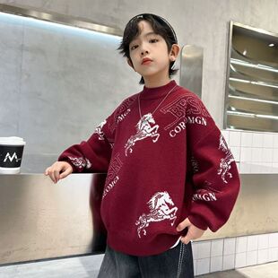 安阳童装不起球加厚毛衣冬季中大男童女童毛衫套头针织衫保暖红色