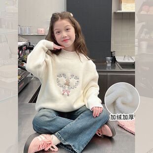 安阳童装女童毛衣一体绒时髦网红针织衫中大童装上衣2025冬装新款