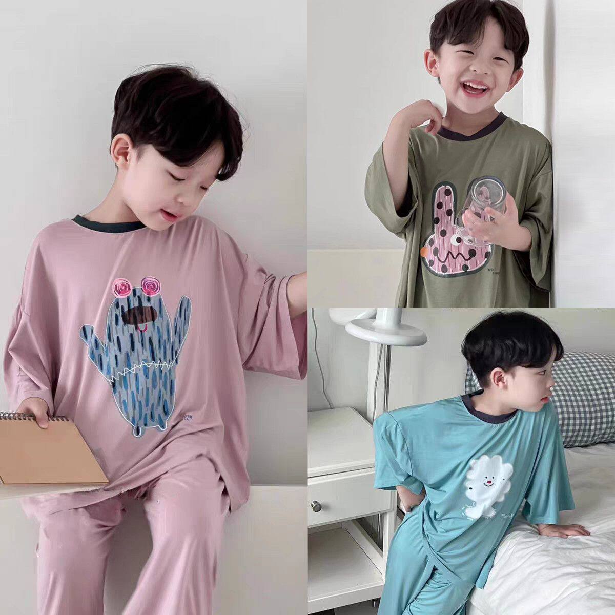 安阳童装儿童睡衣莫代尔夏季薄款男童短袖家居服套装中大童女孩休