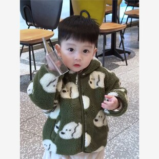 安阳童装韩国童装女童外套秋冬款洋气男女宝宝羊羔毛小熊连帽儿童