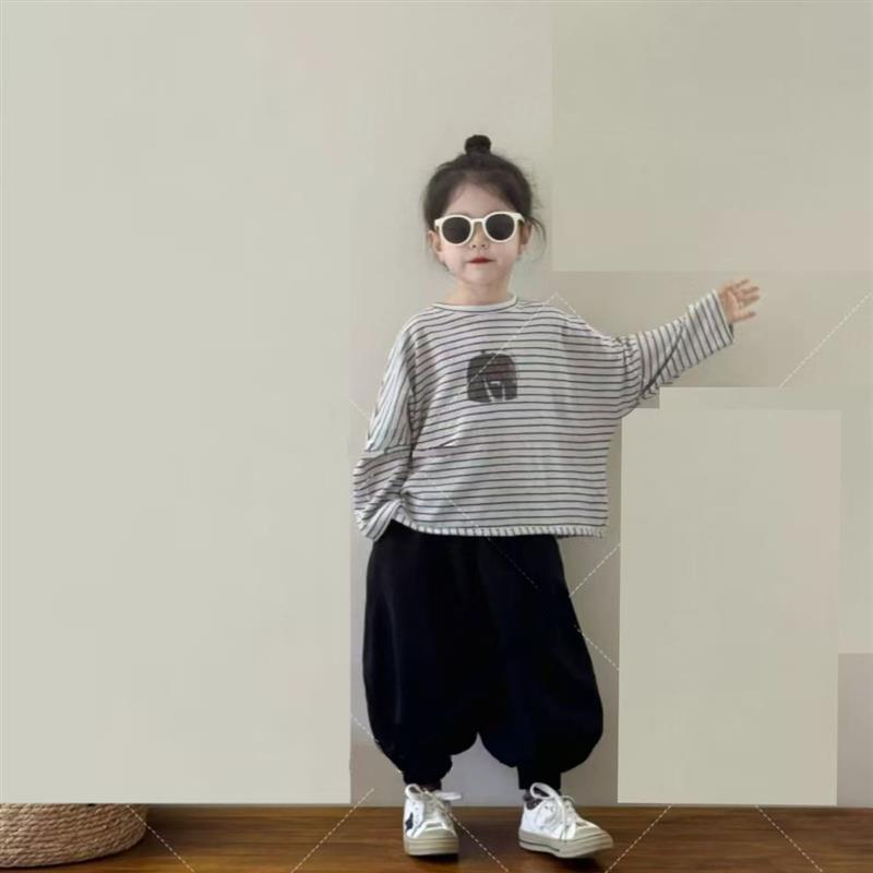 安阳童装韩版童装2025秋季新款儿童条纹时尚圆领长袖T恤男女童洋