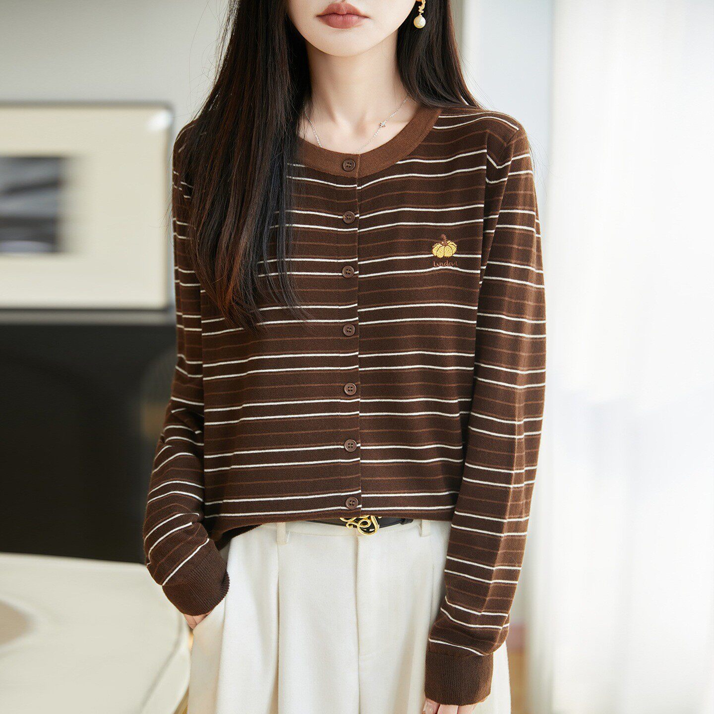 撞色条纹针织开衫圆领南瓜刺绣长袖毛衣宽松休闲外套女装上衣a8