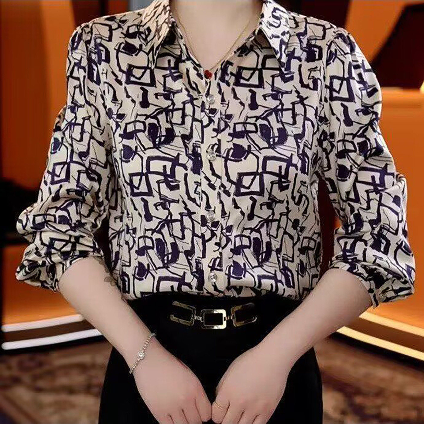 铂瑾女装2026新款法式翻领印花衬衫秋季女士气质衬衣百搭减龄上a5