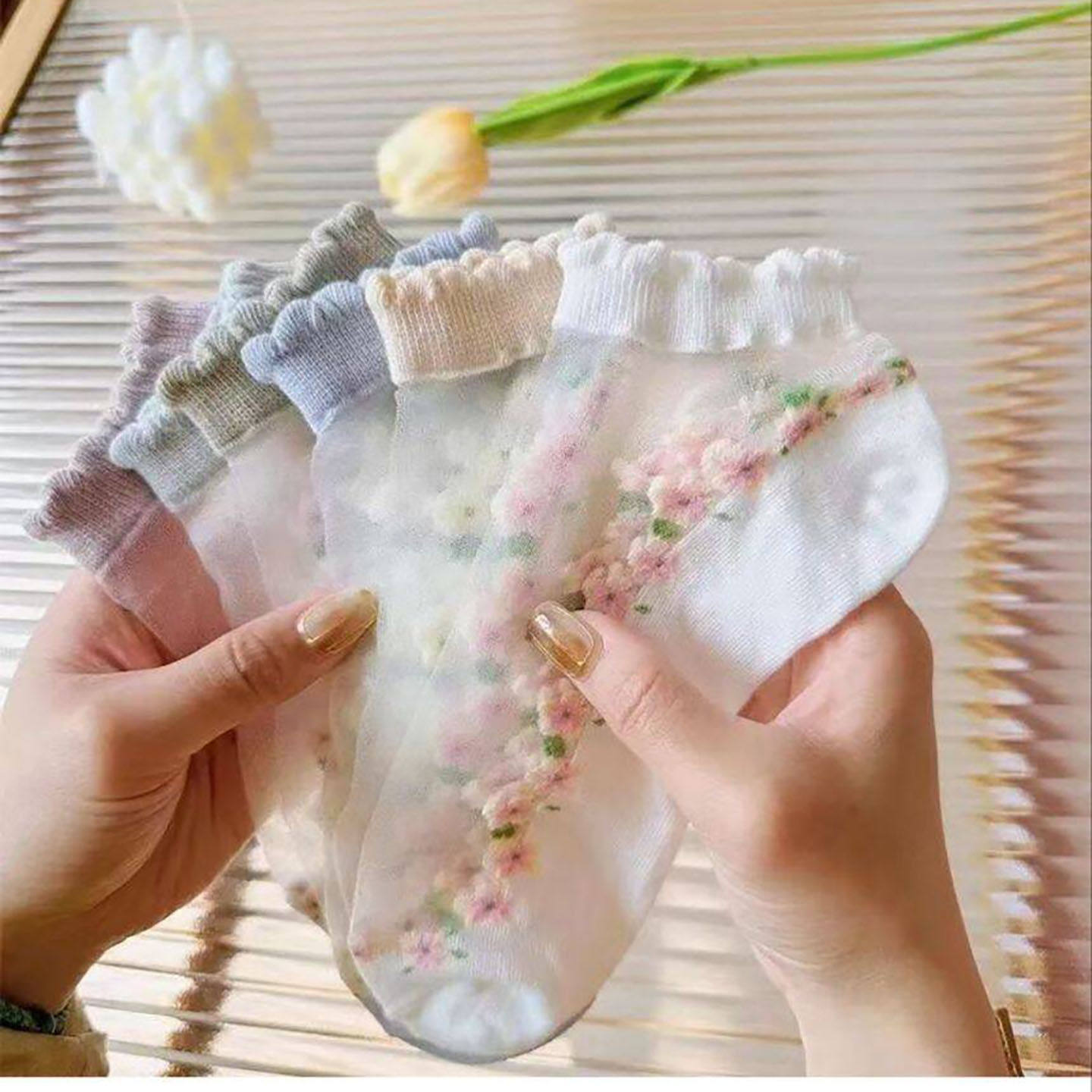 虹星女袜轻薄透明玻璃丝袜夏季女士碎花透气花边袜甜美可爱笑脸a5