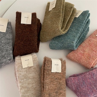 两双装~秋冬羊绒袜日系彩色拼色堆堆袜可爱纯色保暖厚款袜子堆堆
