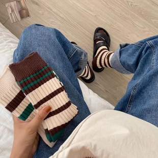 不亦袜乎 撞色条纹袜子女粗线深色系秋冬堆堆袜女中筒袜女士纯棉