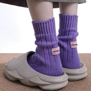 秋冬日系粉色标签纯色原胚粗线针织中筒袜子男女堆堆袜ins布标袜