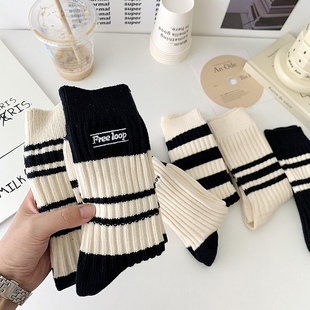 秋冬粗针黑白拼色条纹堆堆袜加厚小红书可爱长袜宽松百搭好看纯棉