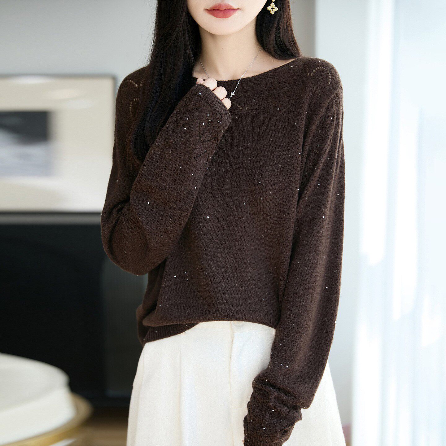 时尚外穿针织衫秋季薄款亮片圆领套头毛衣宽松打底衫女装上衣a4