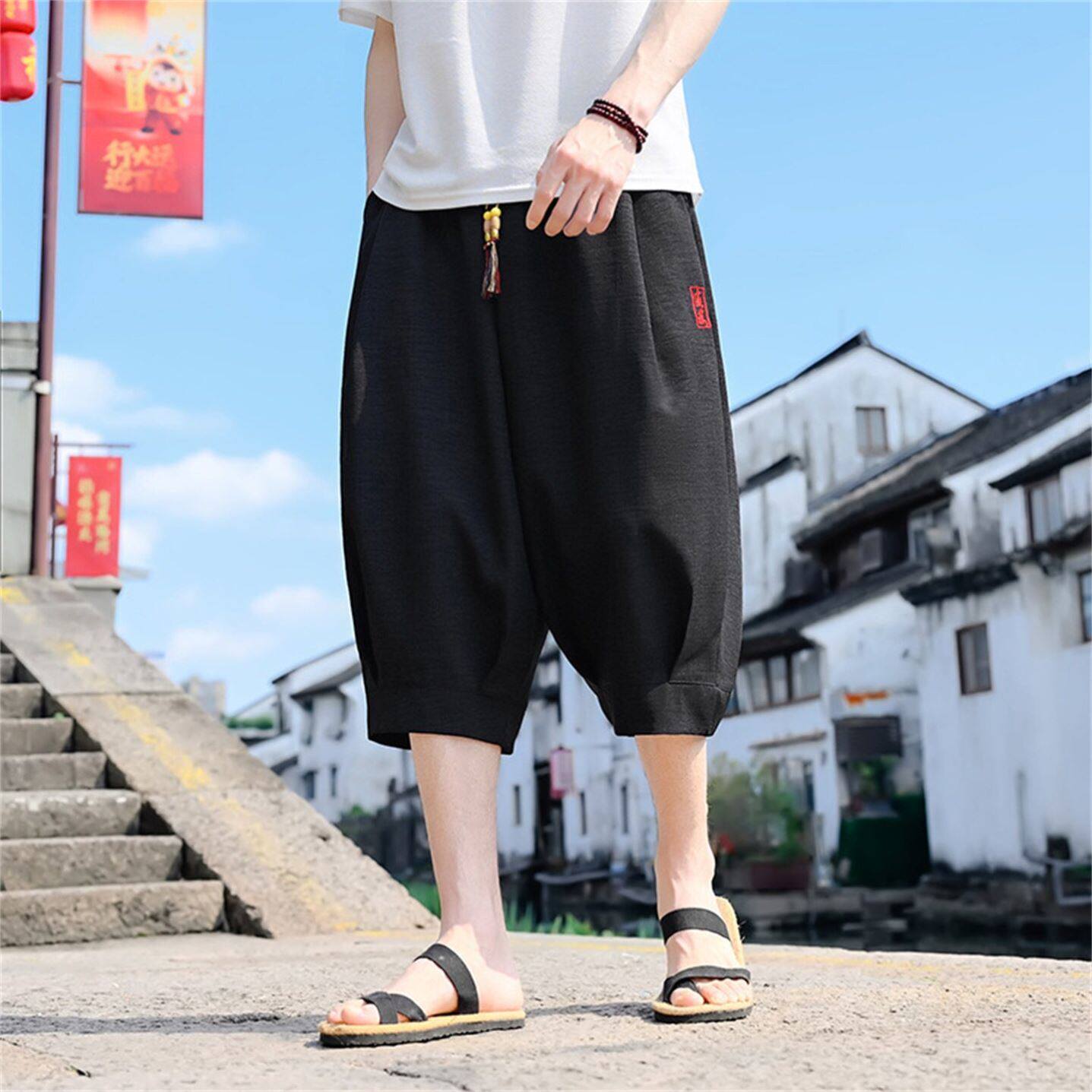 ~承品臻选男裤夏季中国风男宽松七分裤冰丝阔腿裤宽松大码休闲a4