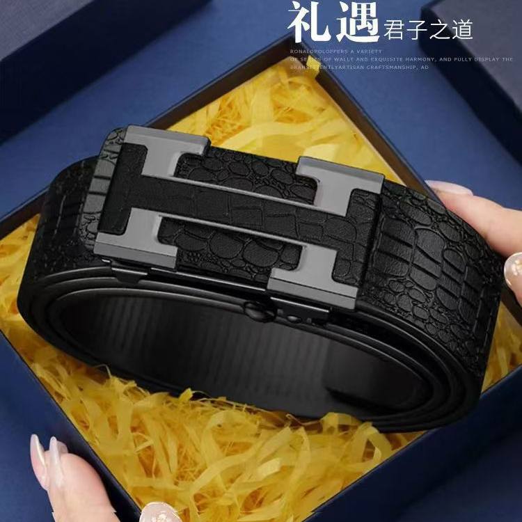 梦霏新款男士腰带2026新款鳄鱼纹自动扣皮带高档商务休闲腰带a2