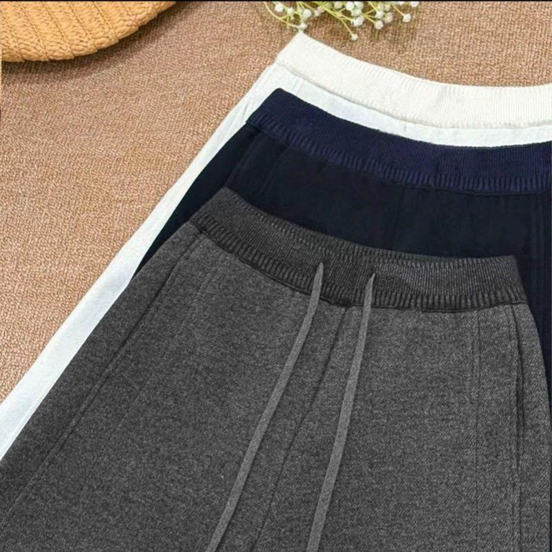 杭州莱彩黑灰色羊毛呢直筒裤女秋冬季休闲加绒加厚软糯阔腿长裤子