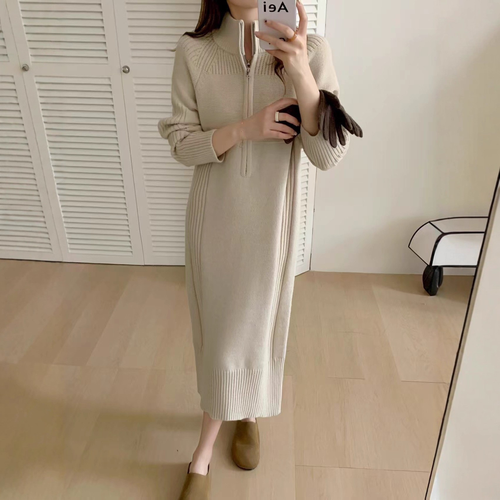 跨境专供秋冬新款拉链毛衣裙女中长款宽松欧码加厚针织连衣裙