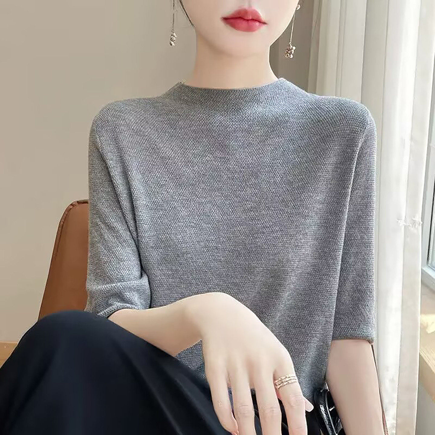 宏嫩女装时尚半高领纯色针织衫春夏女士薄款宽松显瘦半袖打底上a2