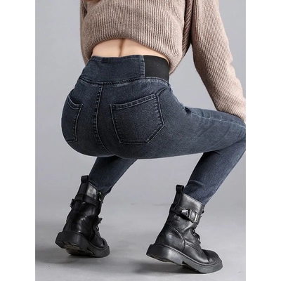 高腰牛仔裤女长裤2025秋冬季新款加大码胖mm修身松紧腰小脚裤加绒