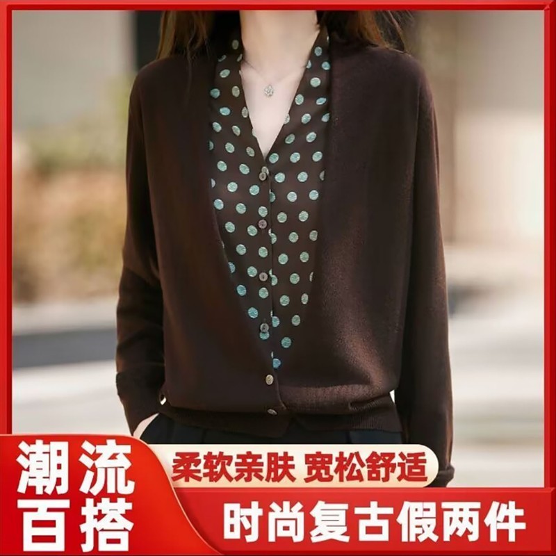 谦众女装法式波点假两件针织开衫女士款复古显瘦外套春秋时尚毛a2