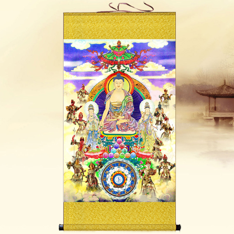 东方三圣佛像挂画寺庙佛堂供奉结缘画十二药叉神将客厅装饰卷轴画