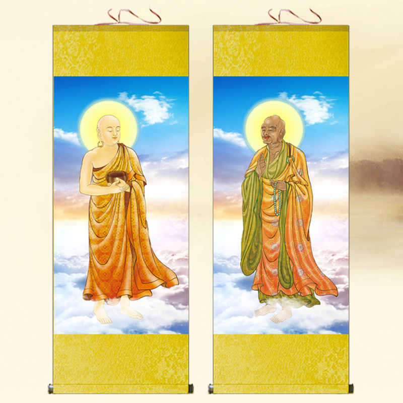 阿难尊者挂画迦叶菩萨佛像画客厅佛堂装饰释迦牟尼胁持画像卷轴画