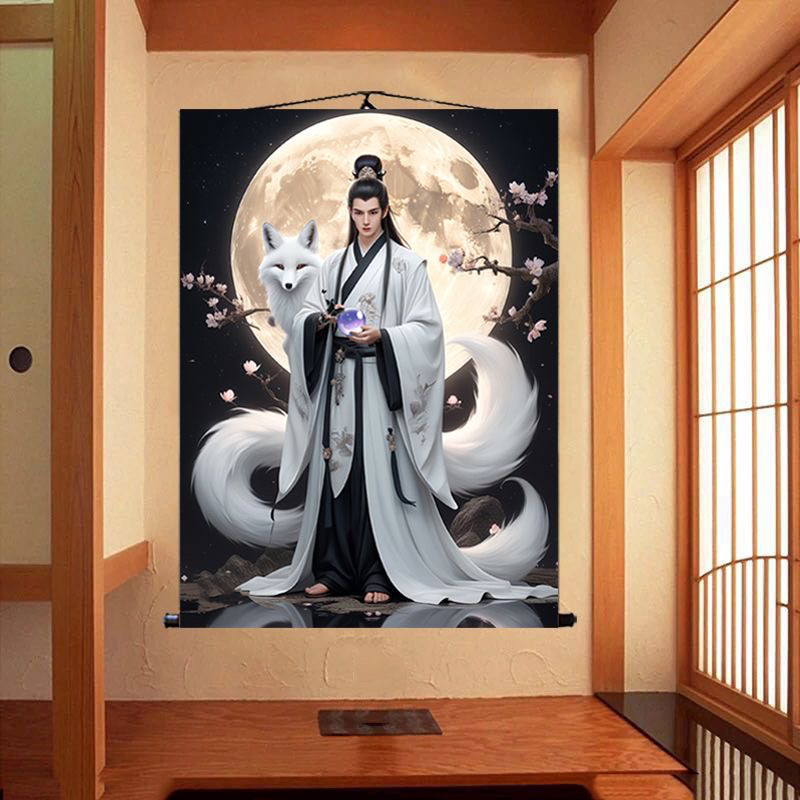 胡家教主胡九霄画像挂画堂口供奉神像九尾灵狐家用装饰画卷轴画