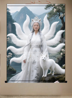 胡三太奶真身像九尾狐挂画家用客厅装饰画招财胡三太爷画像卷轴画