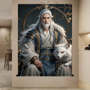 胡家仙胡天霸画像卷轴画出马堂客厅装饰画九尾狐真身胡七太爷挂画