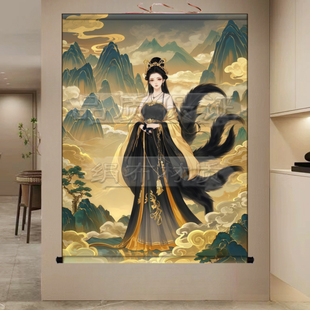 胡家仙九尾狐娘娘挂画女狐卷轴画招财黑狐出马客厅堂口供奉装饰画