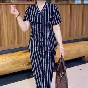 云佳女装2026春夏新款女士套装大码条纹短袖裤子两件套中年妈妈a6