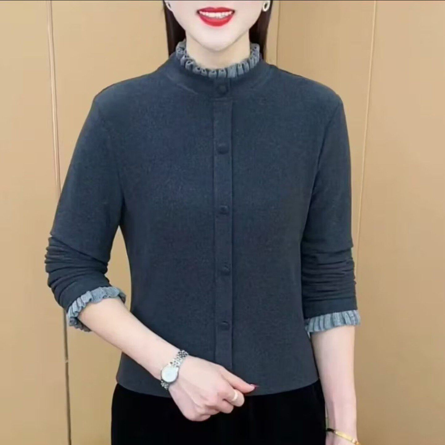 帆斌女装花领加厚长袖针织衫2026秋季女士显瘦打底衫洋气百搭上a2