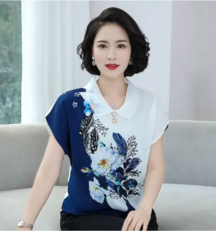如启泽2024爆款冰丝妈妈衫女士时尚短袖T恤宽松小衫雪纺上衣女装